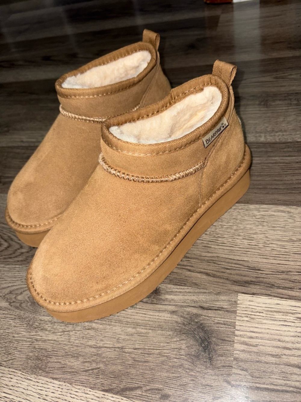 BearPaw Suede Shearling Ankle Slippers - Tan